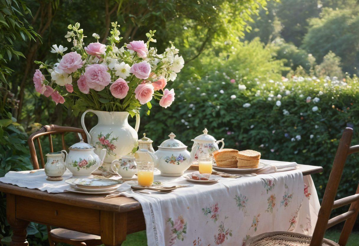 A serene vintage-inspired scene featuring a beautifully set garden table with antique tableware, surrounded by lush greenery and blooming flowers. Delicate pastels and warm sunlight illuminate the table filled with decadent treats, hinting at sensuality and pleasure in simple joys. Include a soft, flowing fabric billowing in the breeze, evoking a sense of tranquility and nostalgia. Artfully composed to capture the essence of vintage lifestyle living. painting. vibrant colors.