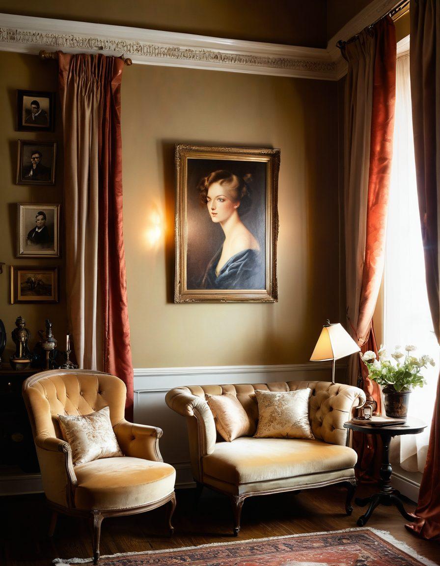 A warm, inviting room filled with vintage decor, featuring a plush chaise lounge draped with soft satin fabrics. On a nearby table, an antique gramophone plays music, surrounded by sensual art pieces and faded photographs that evoke nostalgia. Gentle, diffused light streams through sheer curtains, creating a dreamy atmosphere. The scene embodies a sense of comfort, intimacy, and indulgence in sensual living. soft lighting. vintage style. artistic. warm colors.